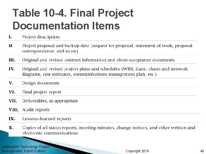 Table 10 -4. Final Project Documentation Items Information Technology Project Management, Eighth Edition Copyright