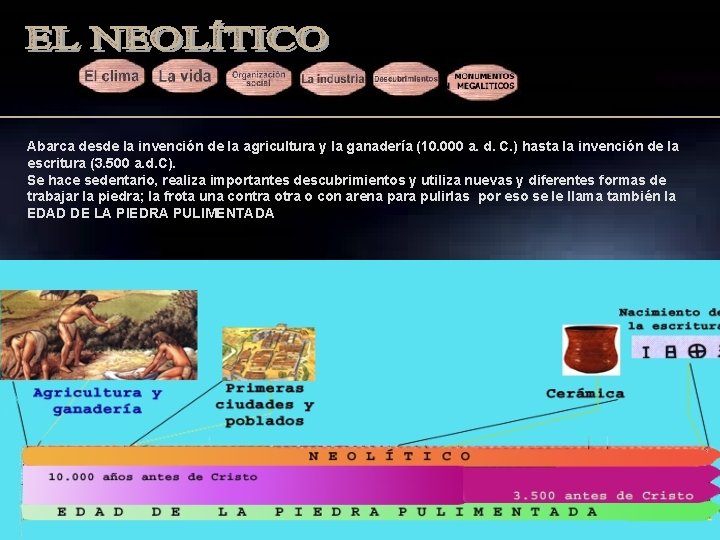 Abarca desde la invención de la agricultura y la ganadería (10. 000 a. d.