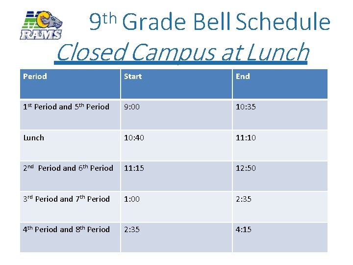 th 9 Grade Bell Schedule Closed Campus at Lunch Period Start End 1 st