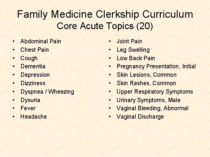 Family Medicine Clerkship Curriculum Core Acute Topics (20) • • • Abdominal Pain Chest