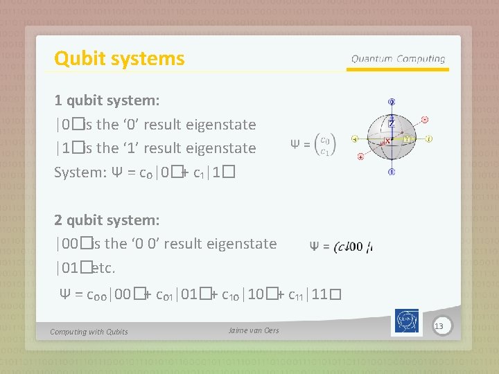 Qubit systems 1 qubit system: |0�is the ‘ 0’ result eigenstate |1�is the ‘