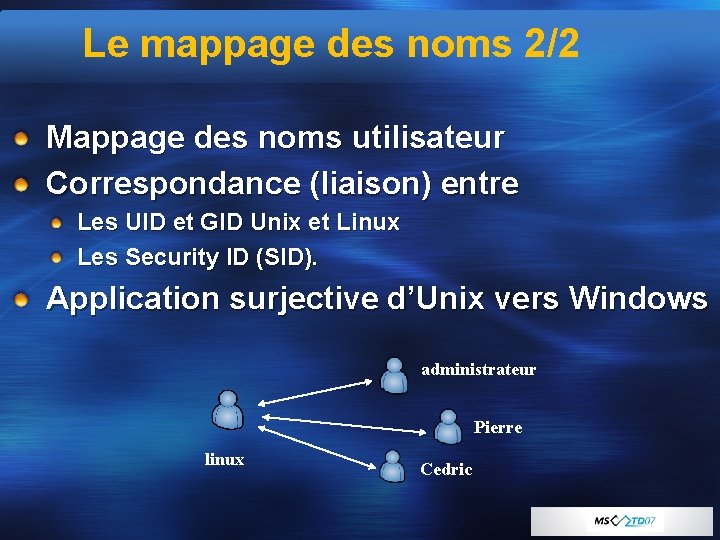 Le mappage des noms 2/2 Mappage des noms utilisateur Correspondance (liaison) entre Les UID