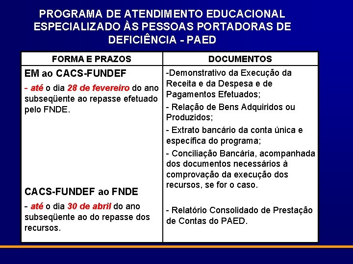 PROGRAMA DE ATENDIMENTO EDUCACIONAL ESPECIALIZADO ÀS PESSOAS PORTADORAS DE DEFICIÊNCIA - PAED FORMA E
