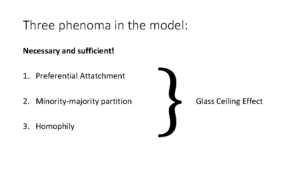 Three phenoma in the model: Necessary and sufficient! 1. Preferential Attatchment 2. Minority-majority partition