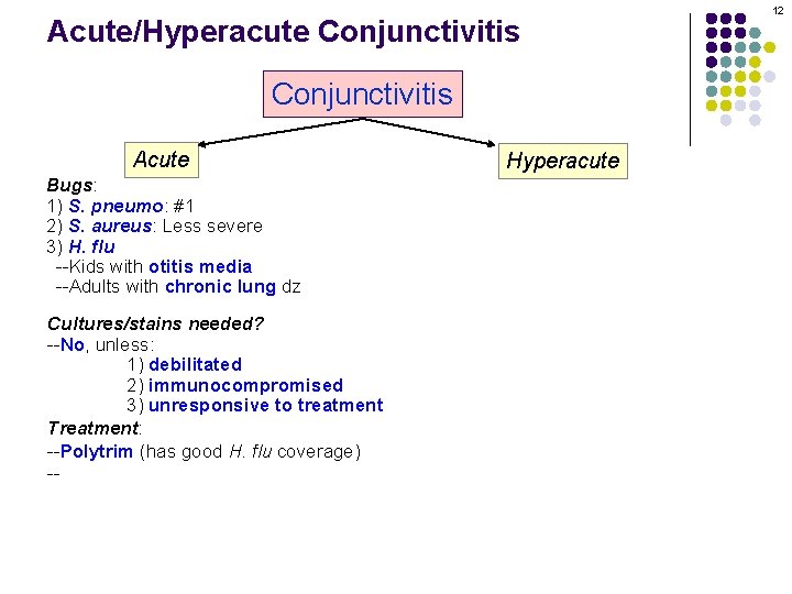 Acute/Hyperacute Conjunctivitis Acute Bugs: 1) S. pneumo: #1 2) S. aureus: Less severe 3)