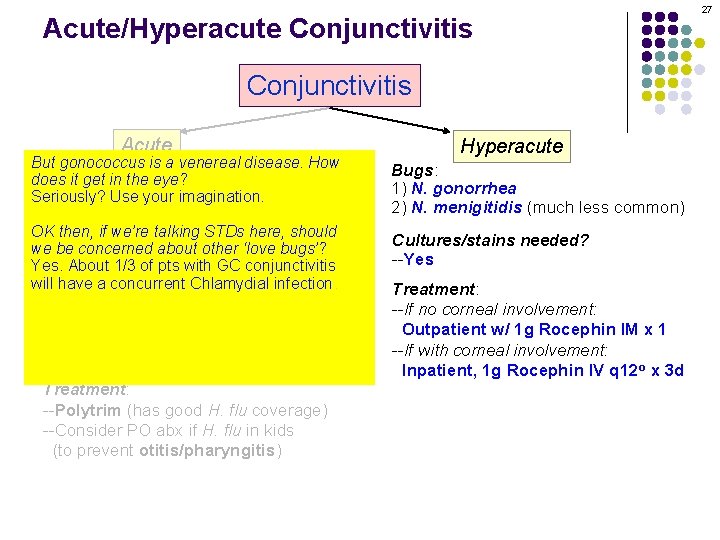 Acute/Hyperacute Conjunctivitis Acute But gonococcus is a venereal disease. How Bugs: does get in