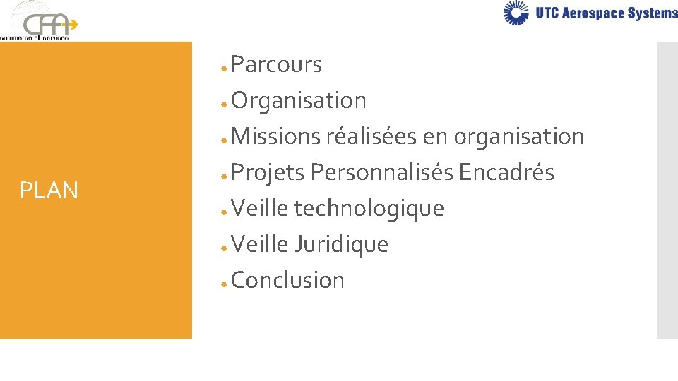 Parcours ● Organisation ● Missions réalisées en organisation ● Projets Personnalisés Encadrés ● Veille