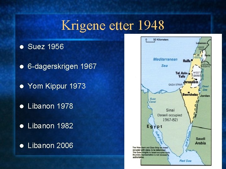 Krigene etter 1948 l Suez 1956 l 6 -dagerskrigen 1967 l Yom Kippur 1973
