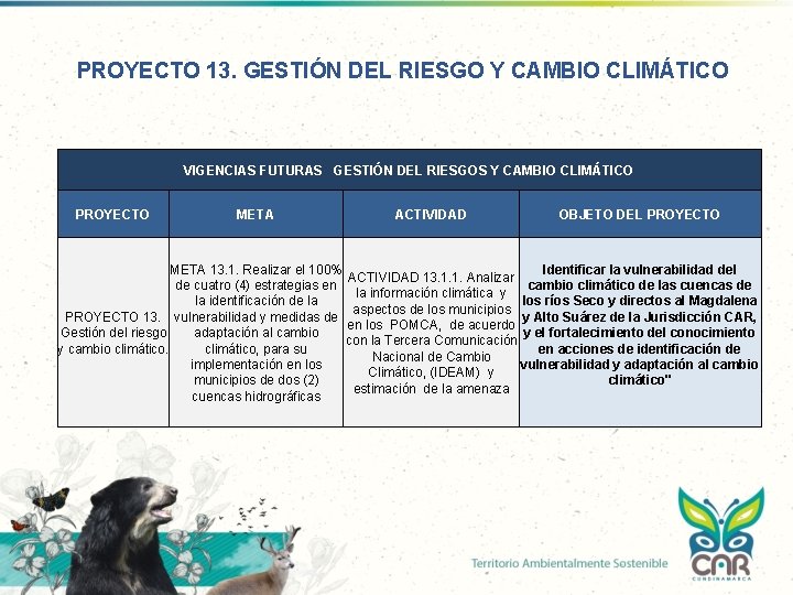 PROYECTO 13. GESTIÓN DEL RIESGO Y CAMBIO CLIMÁTICO VIGENCIAS FUTURAS GESTIÓN DEL RIESGOS Y