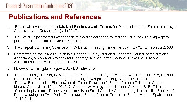 Publications and References 1. Bell, et al: Investigating Miniaturized Electrodynamic Tethers for Picosatellites and