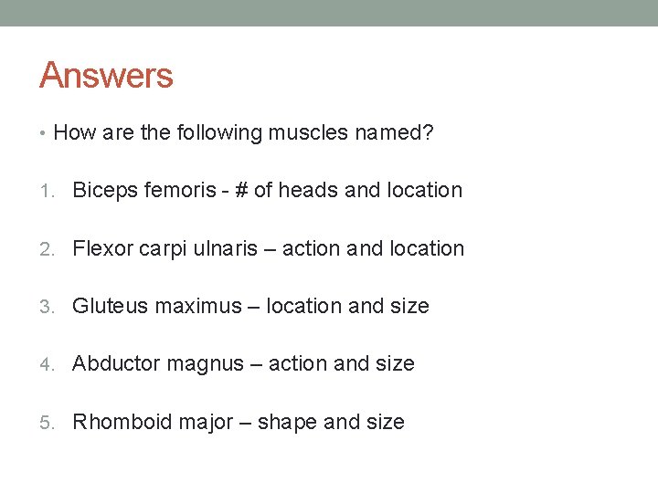 Answers • How are the following muscles named? 1. Biceps femoris - # of