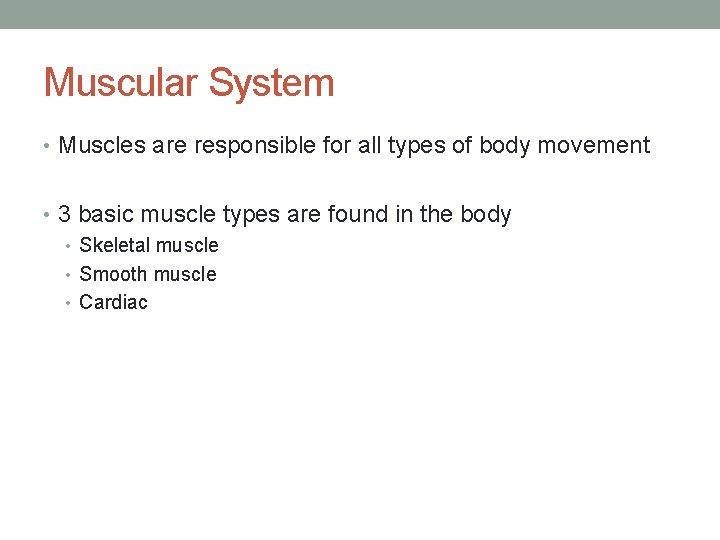 Muscular System • Muscles are responsible for all types of body movement • 3