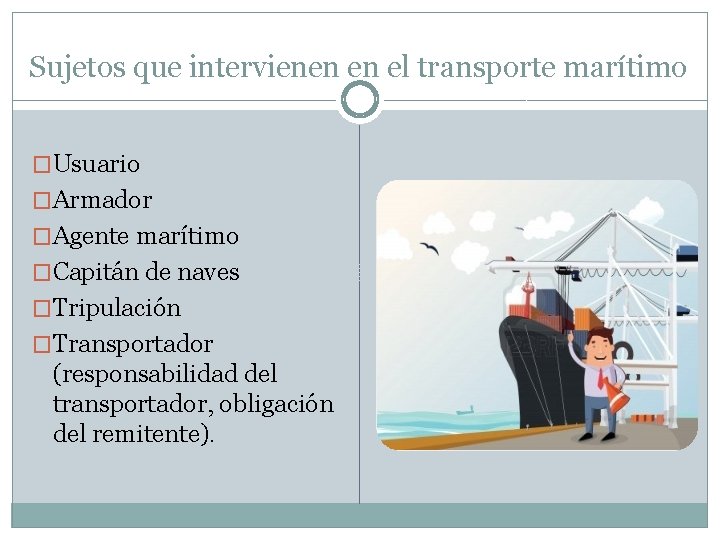 Sujetos que intervienen en el transporte marítimo �Usuario �Armador �Agente marítimo �Capitán de naves