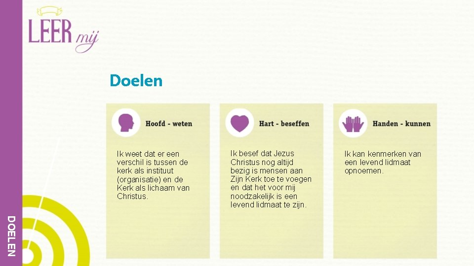 Doelen Ik weet dat er een verschil is tussen de kerk als instituut (organisatie)