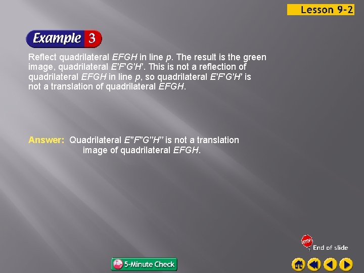 Reflect quadrilateral EFGH in line p. The result is the green image, quadrilateral E'F'G'H'.