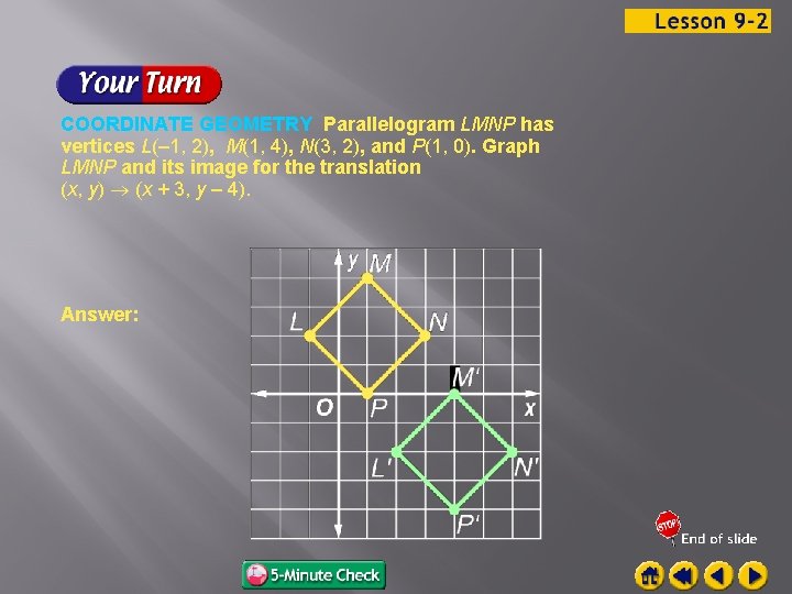 COORDINATE GEOMETRY Parallelogram LMNP has vertices L(– 1, 2), M(1, 4), N(3, 2), and