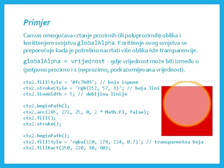 Primjer Canvas omogućava crtanje prozirnih (ili poluprozirnih) oblika i korištenjem svojstva global. Alpha. Korištenje