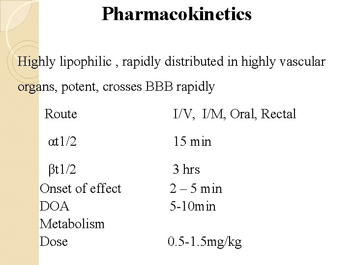 Pharmacokinetics Highly lipophilic , rapidly distributed in highly vascular organs, potent, crosses BBB rapidly