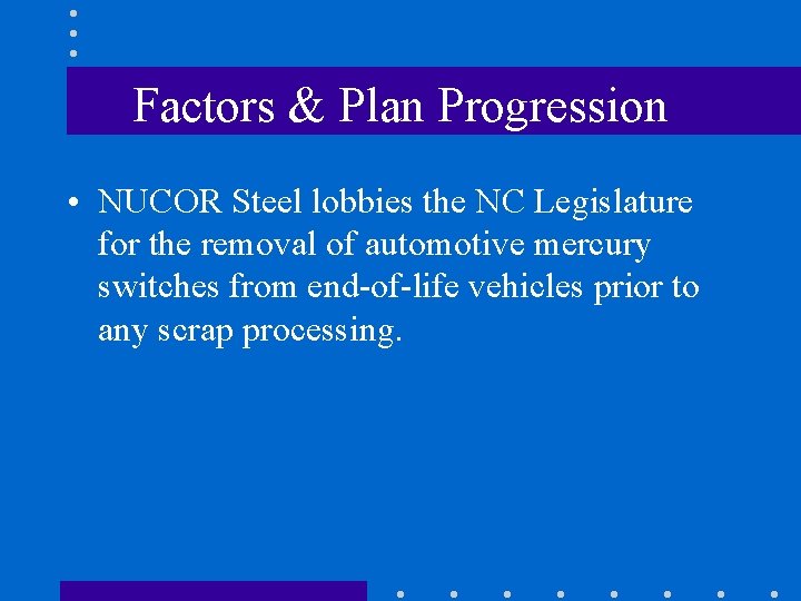 Factors & Plan Progression • NUCOR Steel lobbies the NC Legislature for the removal