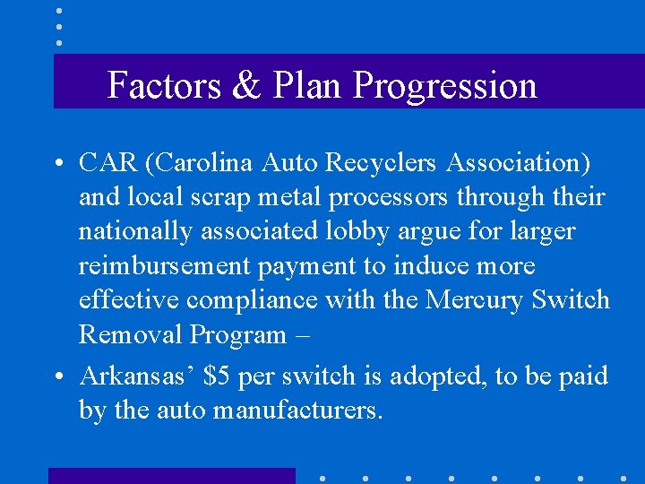 Factors & Plan Progression • CAR (Carolina Auto Recyclers Association) and local scrap metal