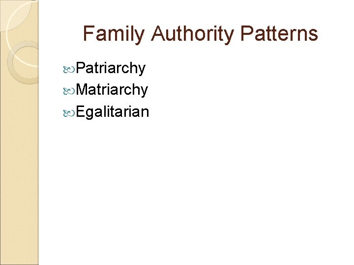 Family Authority Patterns Patriarchy Matriarchy Egalitarian 
