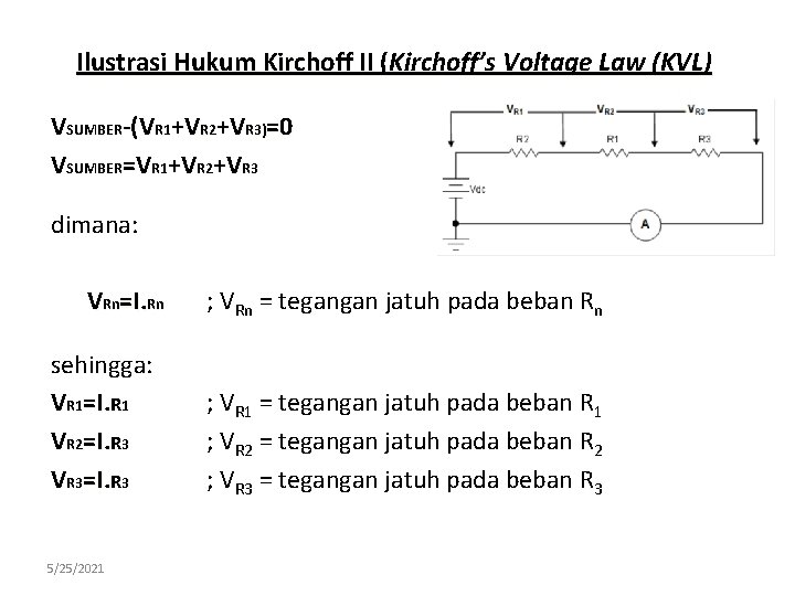 Ilustrasi Hukum Kirchoff II (Kirchoff’s Voltage Law (KVL) VSUMBER-(VR 1+VR 2+VR 3)=0 VSUMBER=VR 1+VR
