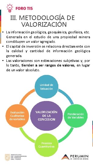 III. METODOLOGÍA DE VALORIZACIÓN • La información geológica, geoquímica, geofísica, etc. Generada en el