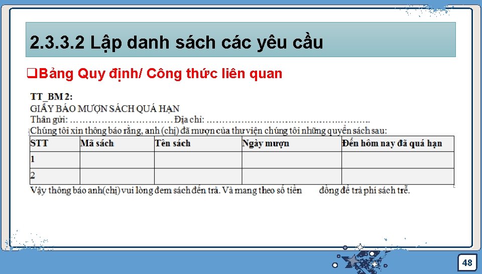 2. 3. 3. 2 Lập danh sách các yêu cầu q. Bảng Quy định/