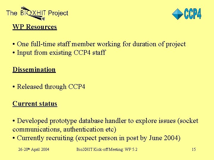 WP Resources • One full-time staff member working for duration of project • Input