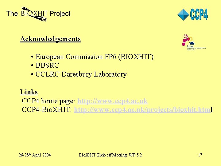 Acknowledgements • European Commission FP 6 (BIOXHIT) • BBSRC • CCLRC Daresbury Laboratory Links