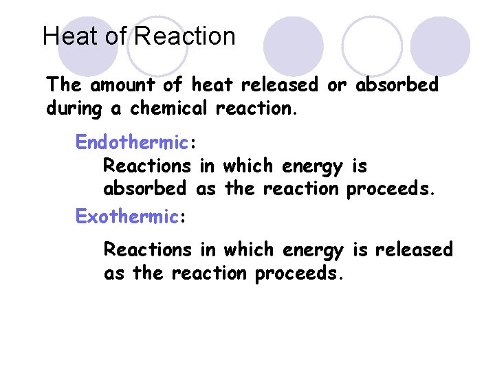 Heat of Reaction The amount of heat released or absorbed during a chemical reaction. Heat of Reaction The amount of heat released or absorbed during a chemical reaction.