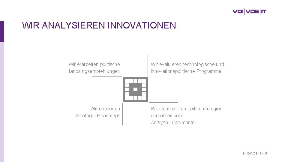 WIR ANALYSIEREN INNOVATIONEN Wir erarbeiten politische Handlungsempfehlungen Wir entwerfen Strategie-Roadmaps Wir evaluieren technologische und