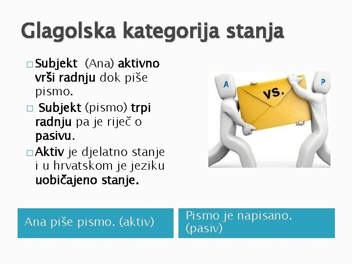 Glagolska kategorija stanja � Subjekt (Ana) aktivno vrši radnju dok piše pismo. � Subjekt