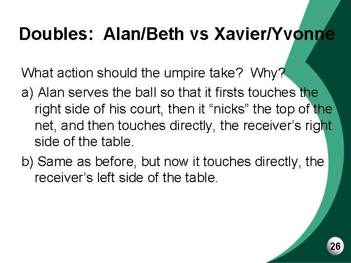 Doubles: Alan/Beth vs Xavier/Yvonne What action should the umpire take? Why? a) Alan serves