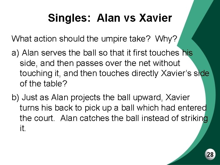 Singles: Alan vs Xavier What action should the umpire take? Why? a) Alan serves