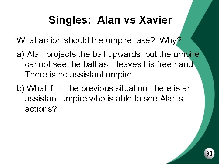 Singles: Alan vs Xavier What action should the umpire take? Why? a) Alan projects