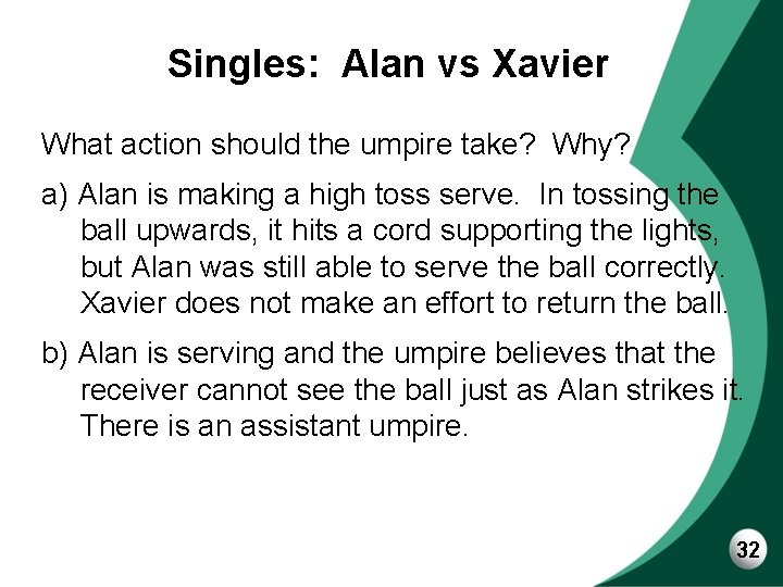 Singles: Alan vs Xavier What action should the umpire take? Why? a) Alan is