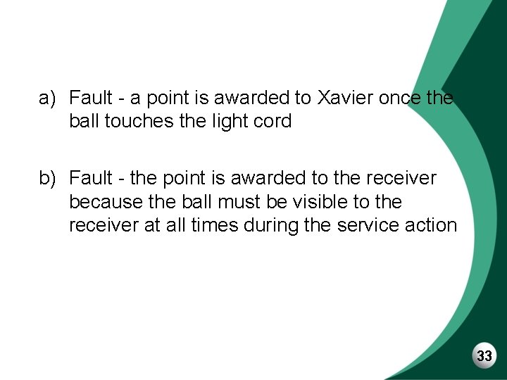 a) Fault - a point is awarded to Xavier once the ball touches the