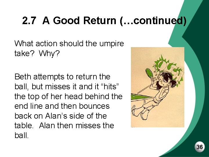 2. 7 A Good Return (…continued) What action should the umpire take? Why? Beth