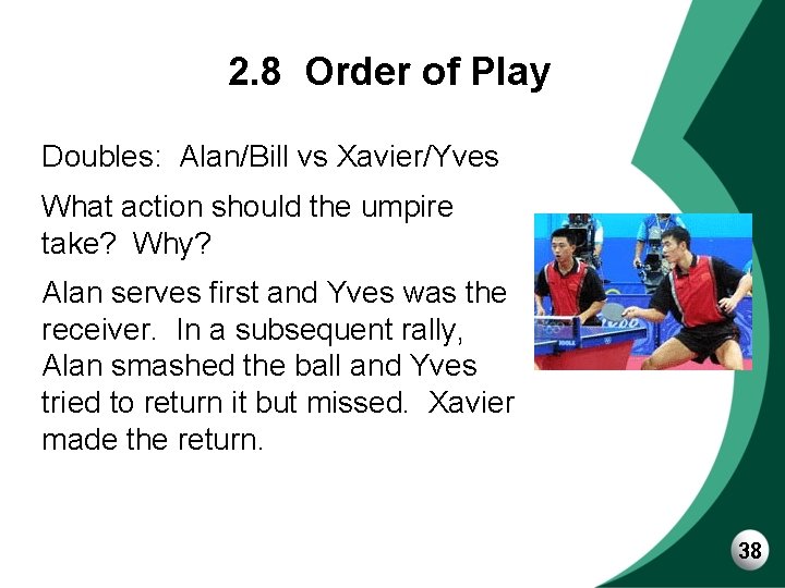 2. 8 Order of Play Doubles: Alan/Bill vs Xavier/Yves What action should the umpire
