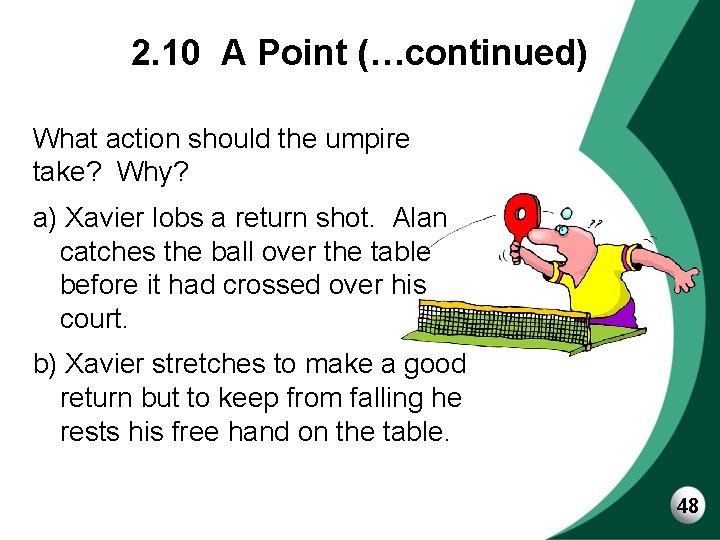2. 10 A Point (…continued) What action should the umpire take? Why? a) Xavier