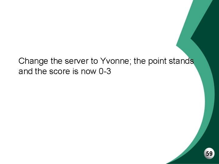 Change the server to Yvonne; the point stands and the score is now 0