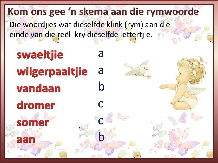 Kom ons gee ‘n skema aan die rymwoorde Die woordjies wat dieselfde klink (rym)