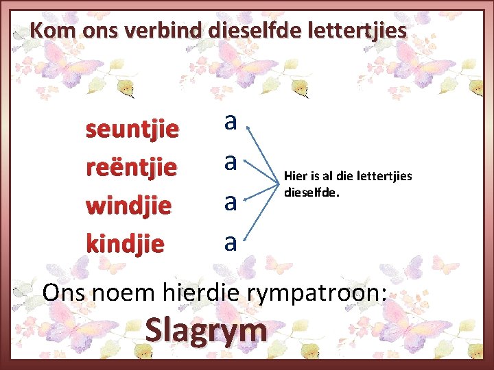 Kom ons verbind dieselfde lettertjies seuntjie reëntjie windjie kindjie a a Hier is al
