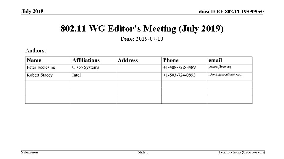 July 2019 doc. : IEEE 802. 11 -19/0990 r 0 802. 11 WG Editor’s