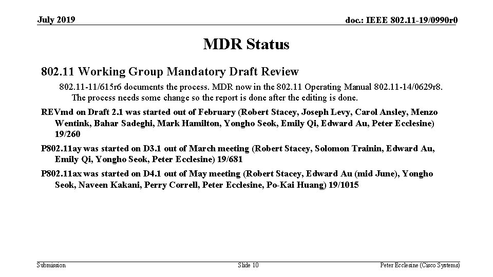 July 2019 doc. : IEEE 802. 11 -19/0990 r 0 MDR Status 802. 11