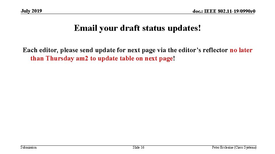 July 2019 doc. : IEEE 802. 11 -19/0990 r 0 Email your draft status