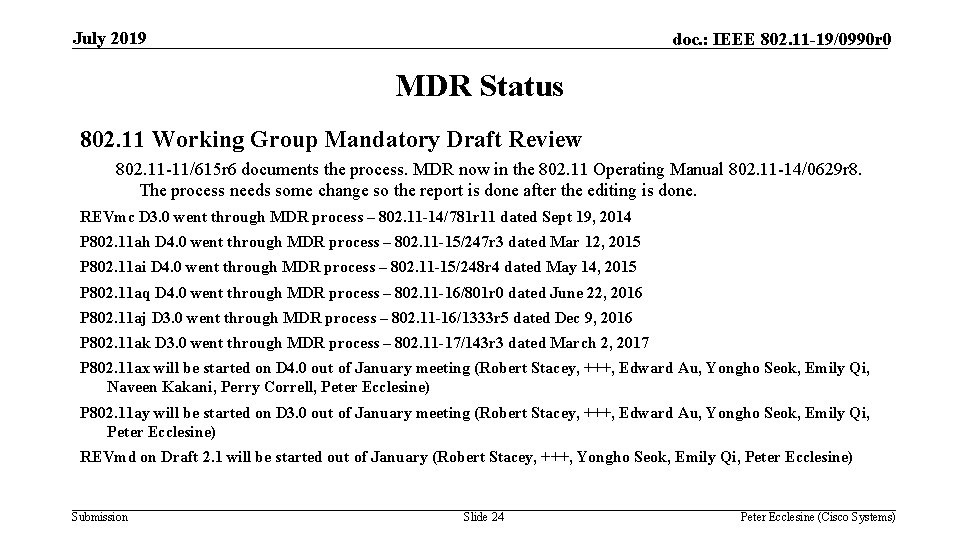 July 2019 doc. : IEEE 802. 11 -19/0990 r 0 MDR Status 802. 11