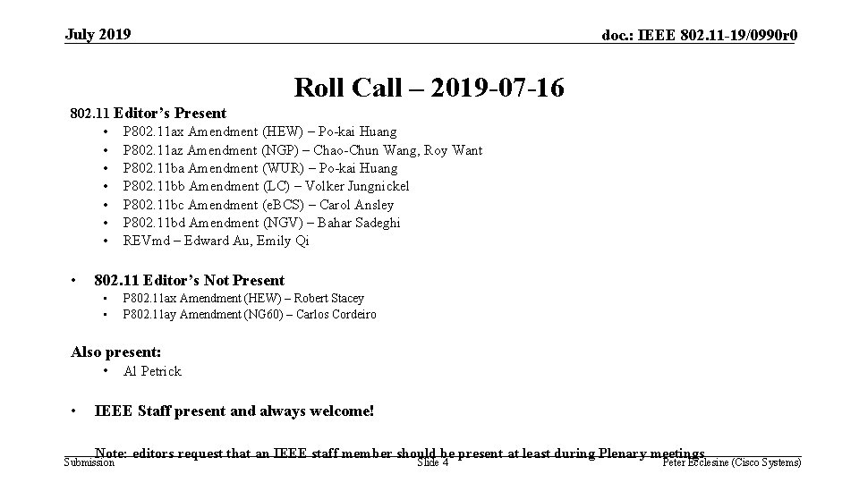 July 2019 doc. : IEEE 802. 11 -19/0990 r 0 Roll Call – 2019