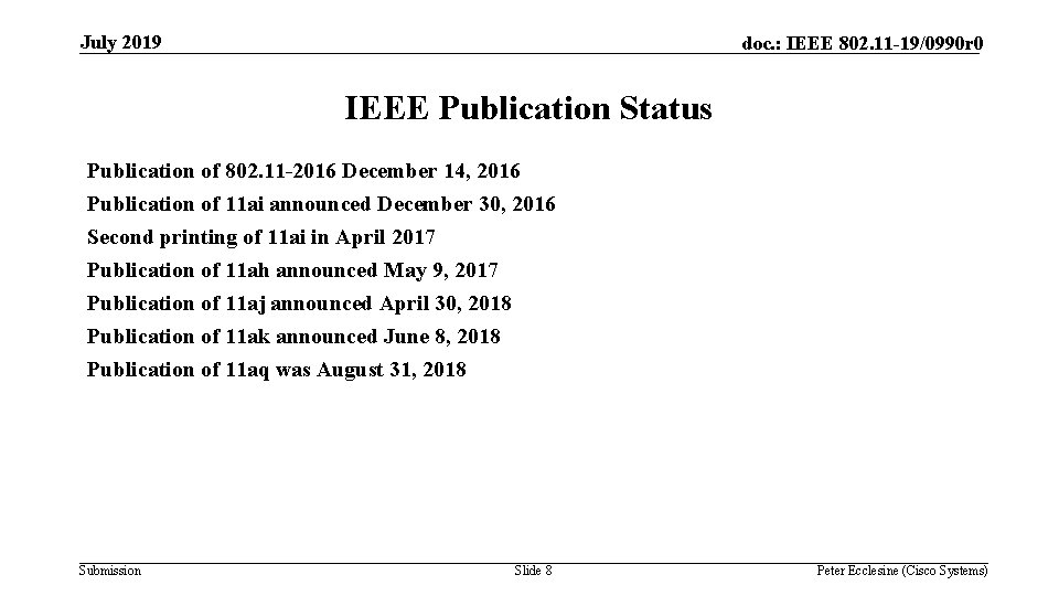 July 2019 doc. : IEEE 802. 11 -19/0990 r 0 IEEE Publication Status Publication